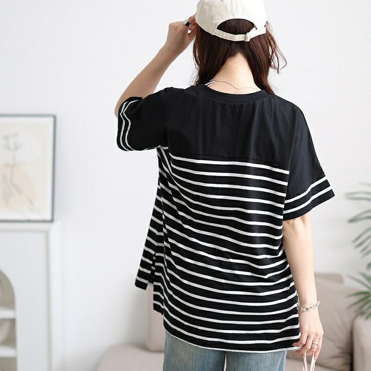 大きいサイズ レディース パネルボーダーコットンTシャツ　wk-0547 【メール便可】