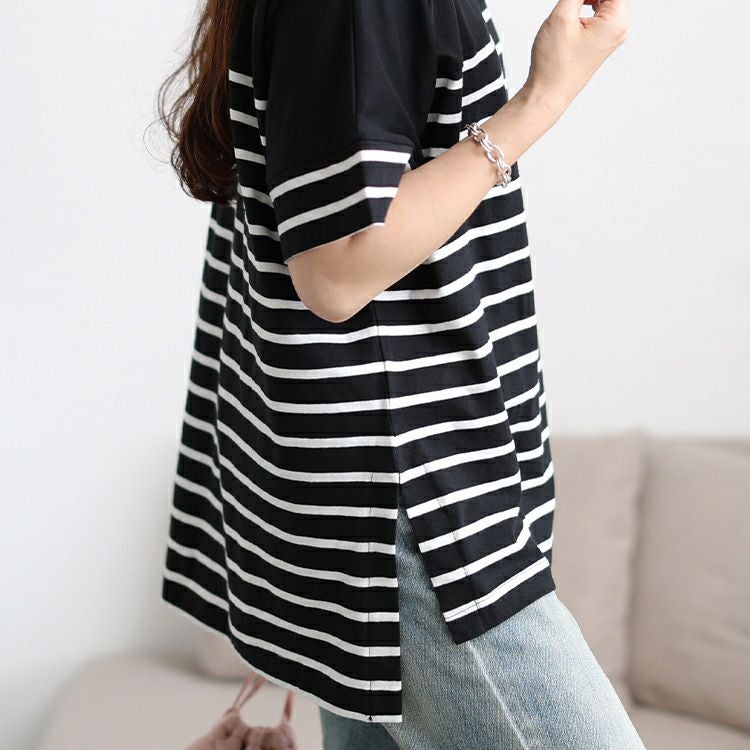 大きいサイズ レディース パネルボーダーコットンTシャツ　wk-0547 【メール便可】