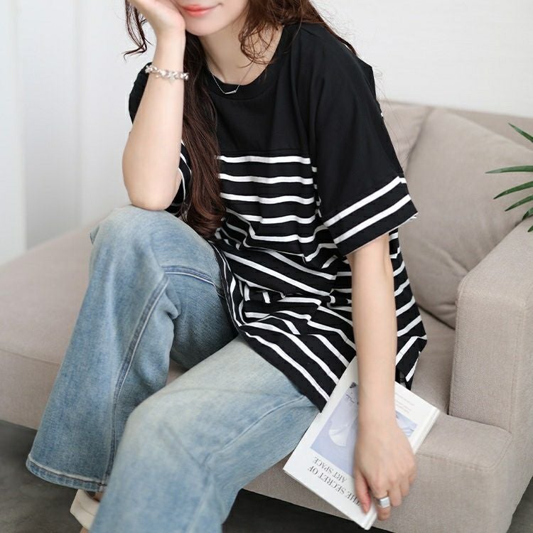 大きいサイズ レディース パネルボーダーコットンTシャツ　wk-0547 【メール便可】