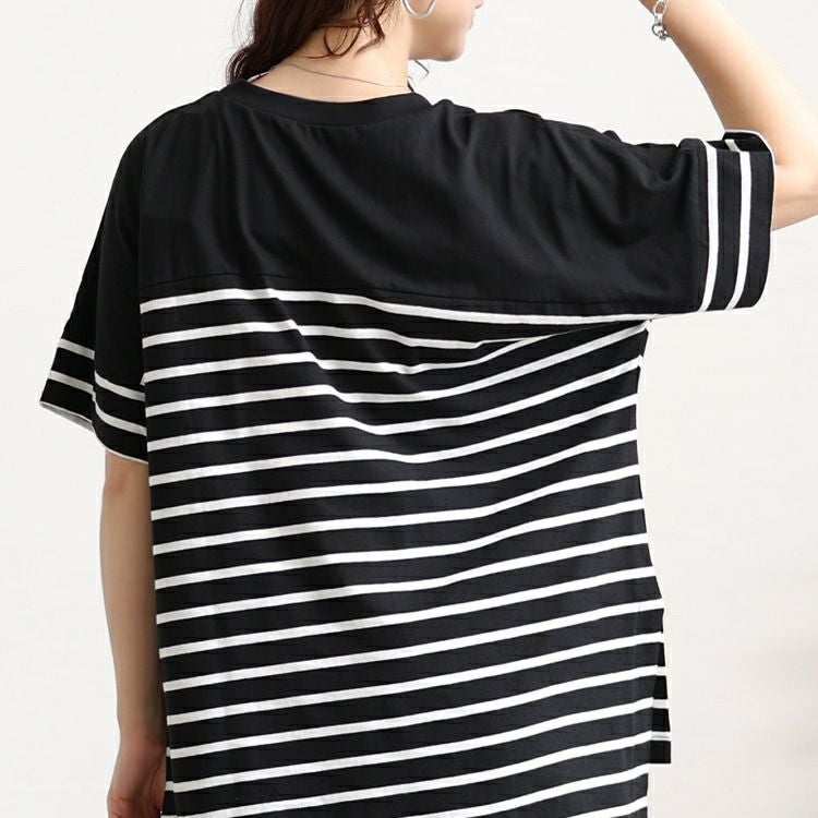 大きいサイズ レディース パネルボーダーコットンTシャツ　wk-0547 【メール便可】