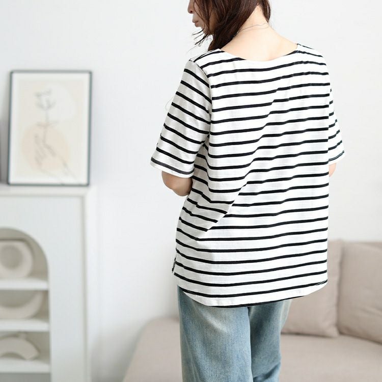 大きいサイズ レディース ボートネックコットンボーダーTシャツ　wk-0546 【メール便可】