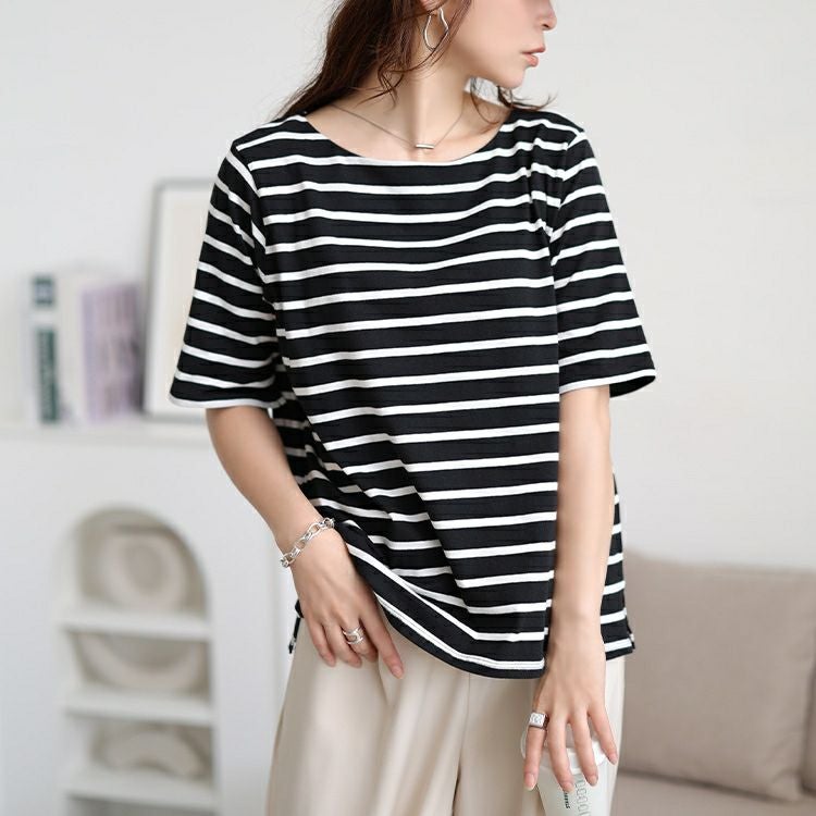 大きいサイズ レディース ボートネックコットンボーダーTシャツ　wk-0546 【メール便可】