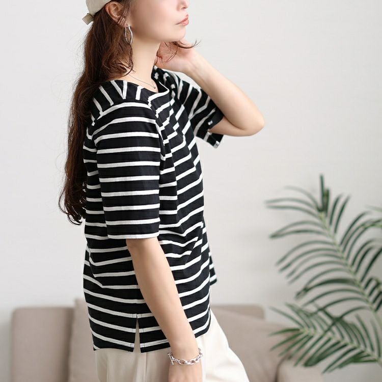 大きいサイズ レディース ボートネックコットンボーダーTシャツ　wk-0546 【メール便可】