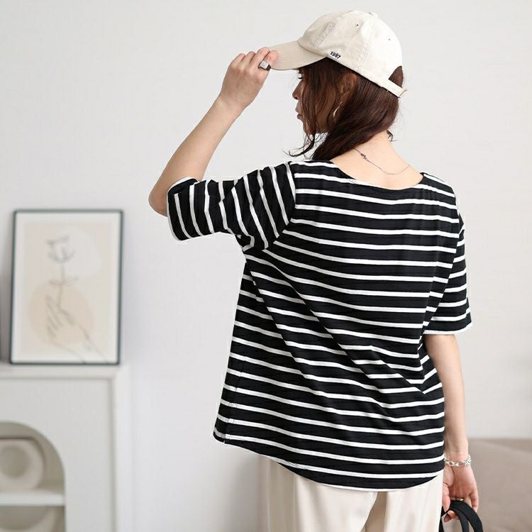 大きいサイズ レディース ボートネックコットンボーダーTシャツ　wk-0546 【メール便可】