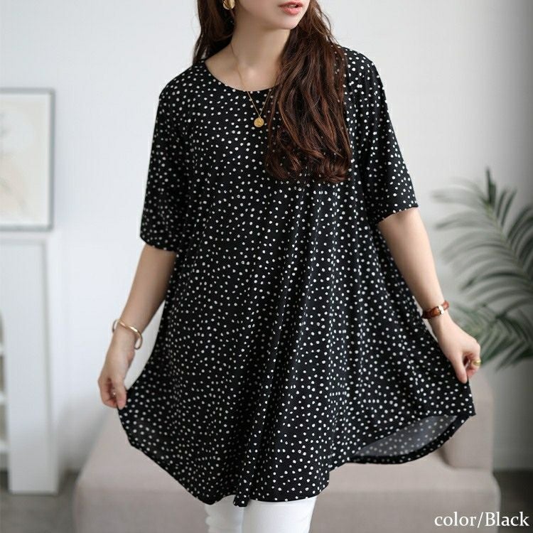大きいサイズ レディース 接触冷感ドット柄フレアチュニック　cpdai-647107 【メール便可】