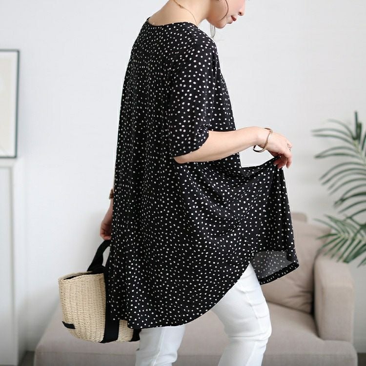 大きいサイズ レディース 接触冷感ドット柄フレアチュニック　cpdai-647107 【メール便可】