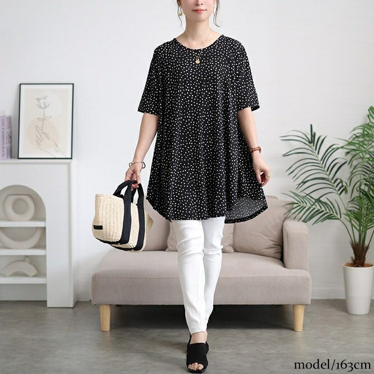 大きいサイズ レディース 接触冷感ドット柄フレアチュニック　cpdai-647107 【メール便可】