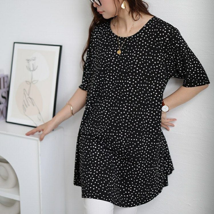 大きいサイズ レディース 接触冷感ドット柄フレアチュニック　cpdai-647107 【メール便可】