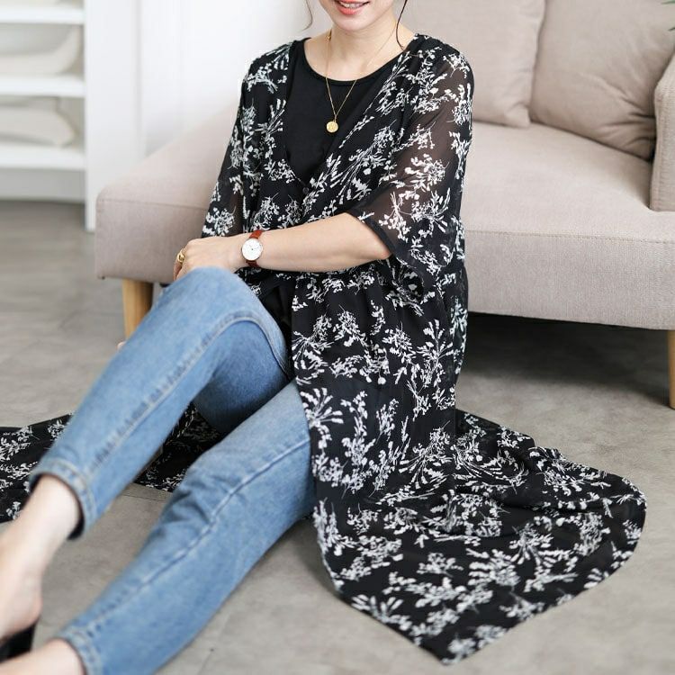 大きいサイズ レディース 花柄シフォンロングカーディガン＆タンクトップ2点セット　cpdai-647108 【メール便可】