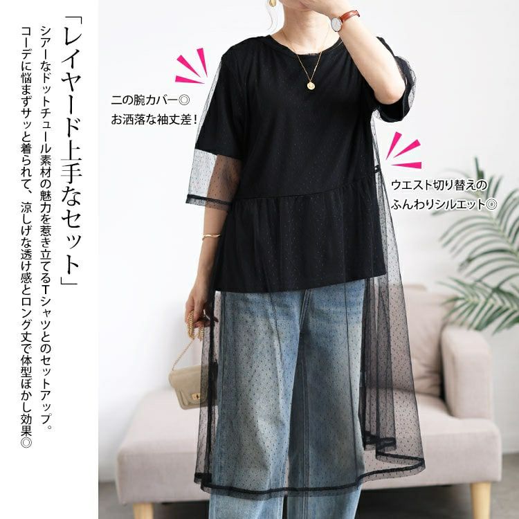 大きいサイズ レディース ドットチュールワンピース＆Tシャツ2点セット　cpdai-647109 【メール便可】