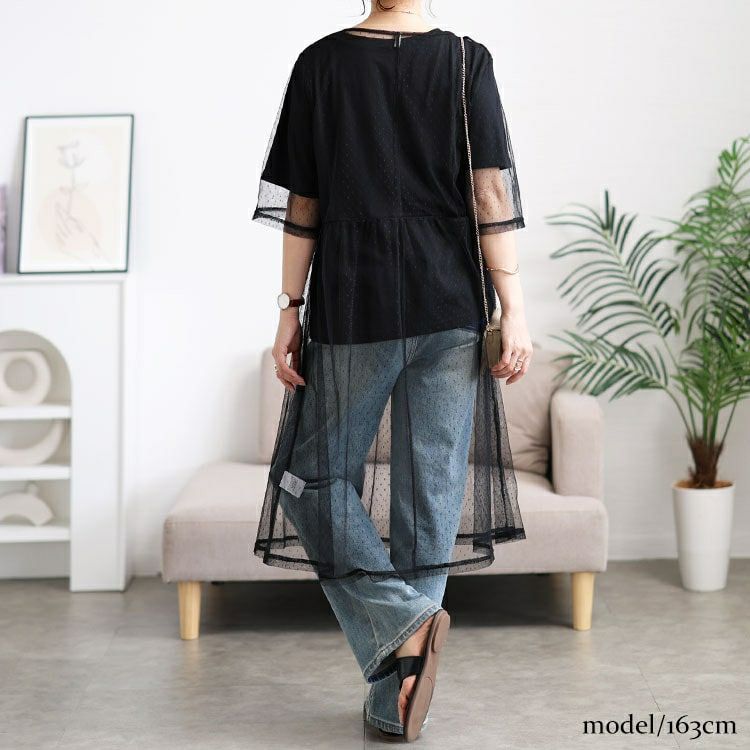 大きいサイズ レディース ドットチュールワンピース＆Tシャツ2点セット　cpdai-647109 【メール便可】