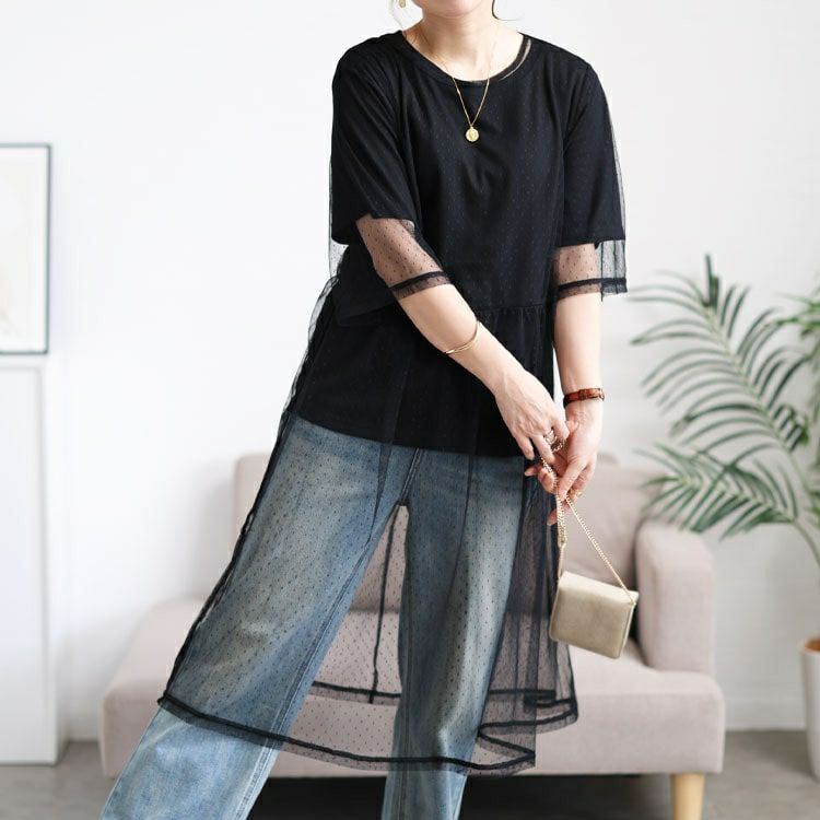 大きいサイズ レディース ドットチュールワンピース＆Tシャツ2点セット　cpdai-647109 【メール便可】