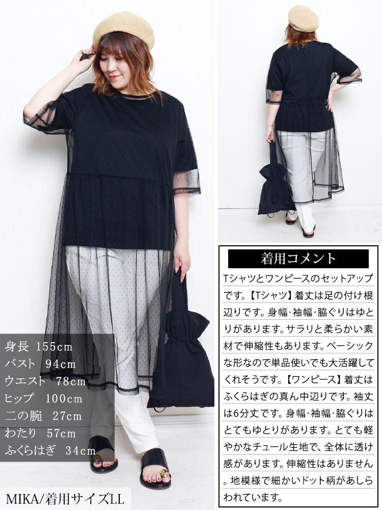 大きいサイズ レディース ドットチュールワンピース＆Tシャツ2点セット　cpdai-647109 【メール便可】