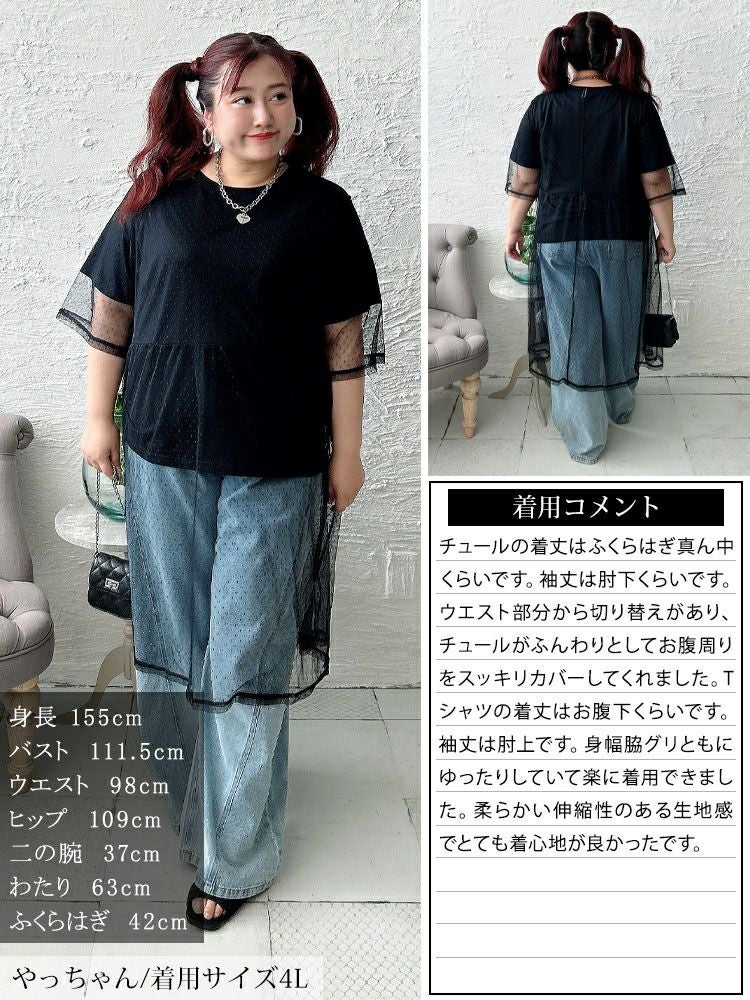 大きいサイズ レディース ドットチュールワンピース＆Tシャツ2点セット　cpdai-647109 【メール便可】