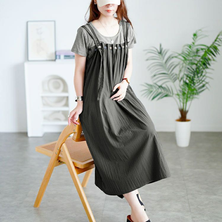 大きいサイズ レディース 半袖Tシャツ＆ボタンプリーツジャンパースカート　goldy-1713【メール便可】