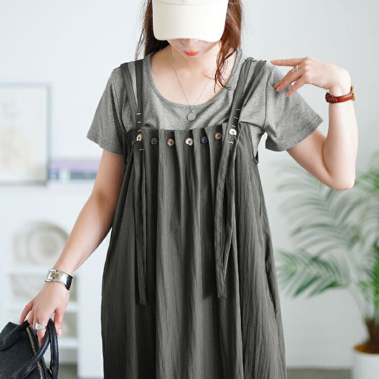 大きいサイズ レディース 半袖Tシャツ＆ボタンプリーツジャンパースカート　goldy-1713【メール便可】