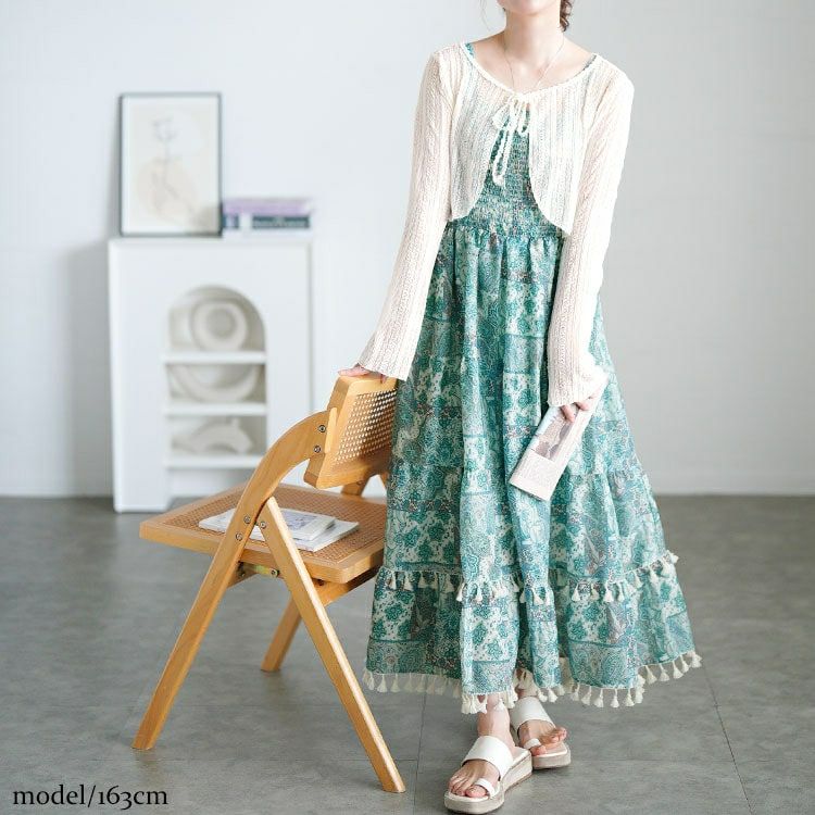 大きいサイズ レディース レースカーディガン＆ペイズリー柄シャーリングキャミワンピース　goldy-1712