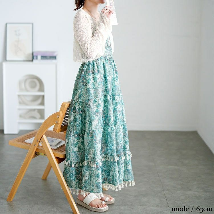 大きいサイズ レディース レースカーディガン＆ペイズリー柄シャーリングキャミワンピース　goldy-1712