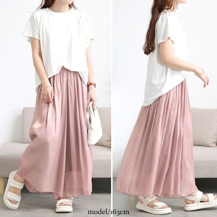 大きいサイズ レディース ウエストギャザーシアーフレアワイドパンツ　goldy-1707【メール便可】