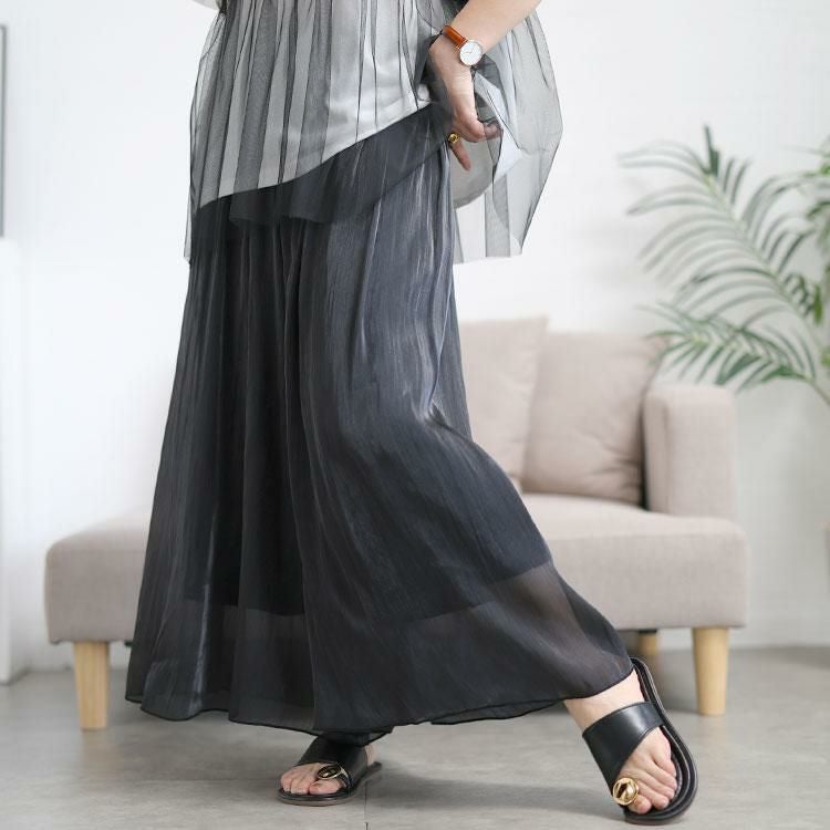 大きいサイズ レディース ウエストギャザーシアーフレアワイドパンツ　goldy-1707【メール便可】 ブラック