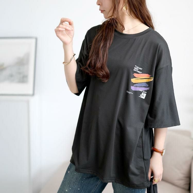 大きいサイズ レディース バックペイント柄オーバーサイズTシャツ　goldy-1702【メール便可】 ブラック