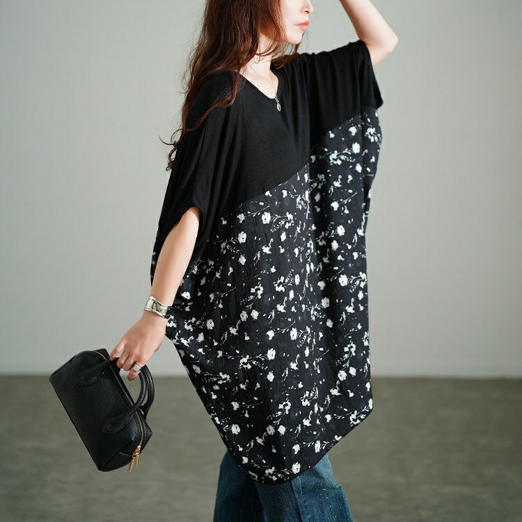 大きいサイズ レディース 花柄切り替えドルマンチュニック　jp555 【メール便可】