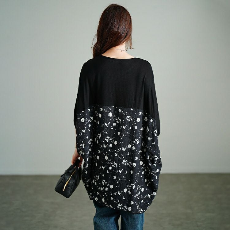 大きいサイズ レディース 花柄切り替えドルマンチュニック　jp555 【メール便可】