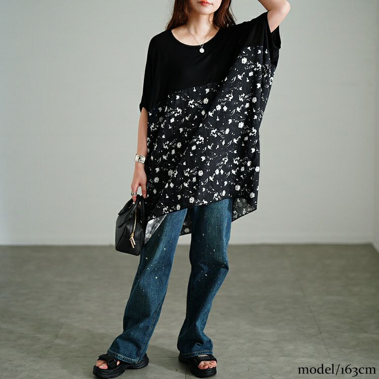 大きいサイズ レディース 花柄切り替えドルマンチュニック　jp555 【メール便可】