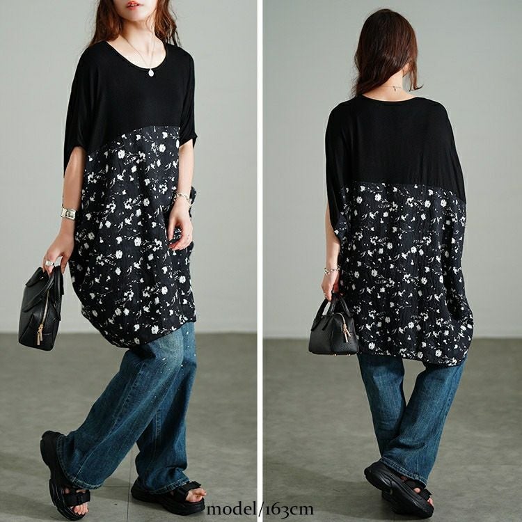 大きいサイズ レディース 花柄切り替えドルマンチュニック　jp555 【メール便可】
