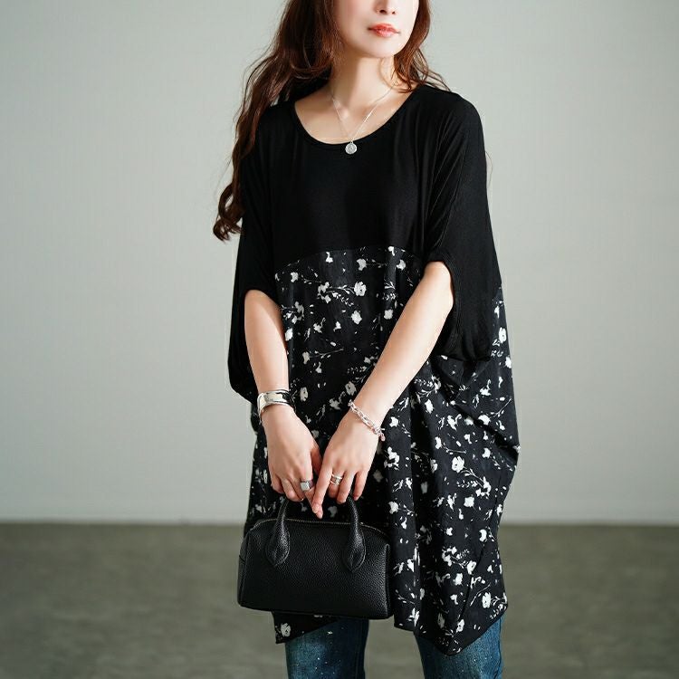 大きいサイズ レディース 花柄切り替えドルマンチュニック　jp555 【メール便可】