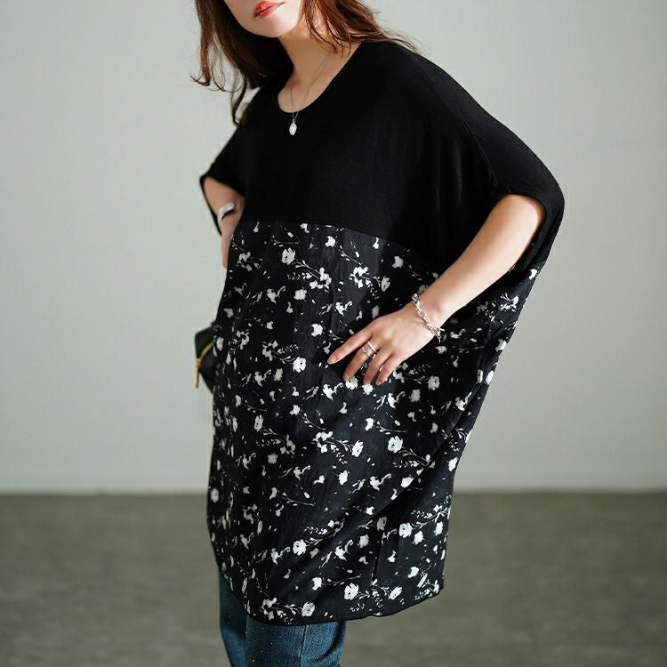 大きいサイズ レディース 花柄切り替えドルマンチュニック　jp555 【メール便可】