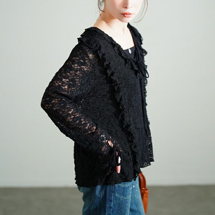 大きいサイズ レディース 編み上げフリルレースプルオーバー　sw-0773 【メール便可】