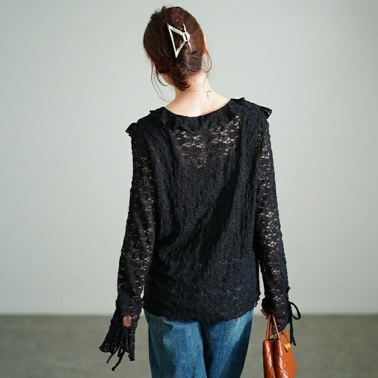 大きいサイズ レディース 編み上げフリルレースプルオーバー　sw-0773 【メール便可】