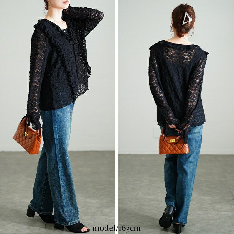 大きいサイズ レディース 編み上げフリルレースプルオーバー　sw-0773 【メール便可】