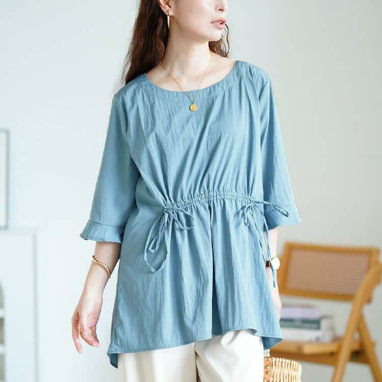 大きいサイズ レディース ラウンドネックフロントドロストチュニック　jp550 【メール便可】 ブルー