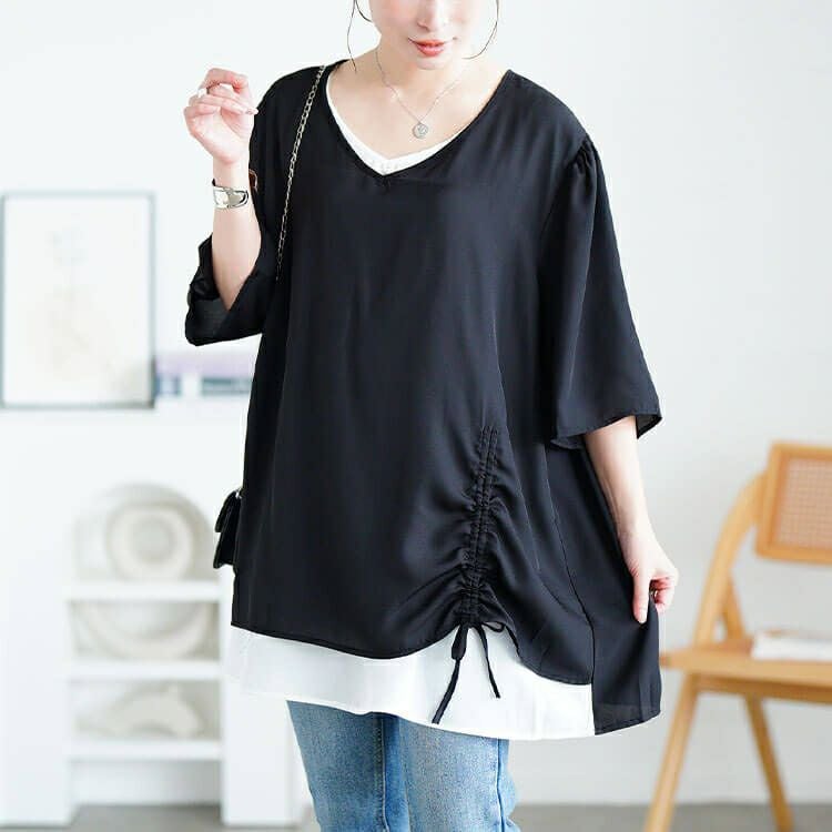 大きいサイズ レディース ドロストフェイクレイヤードチュニック　jp540 【メール便可】