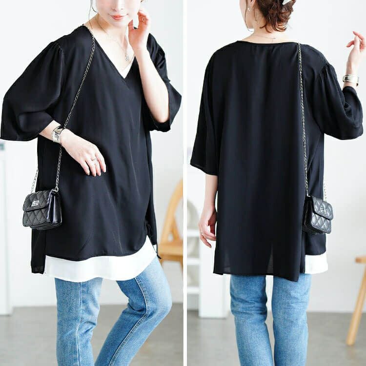 大きいサイズ レディース ドロストフェイクレイヤードチュニック　jp540 【メール便可】
