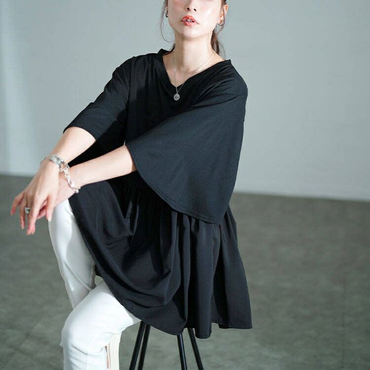 大きいサイズ レディース Vネック異素材切り替えペプラムチュニック　bai-0189