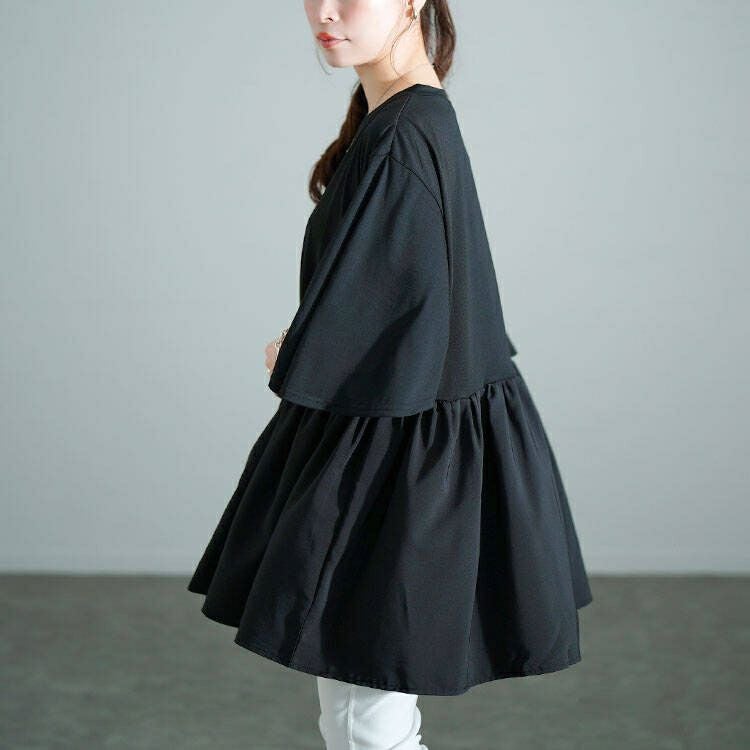 大きいサイズ レディース Vネック異素材切り替えペプラムチュニック　bai-0189