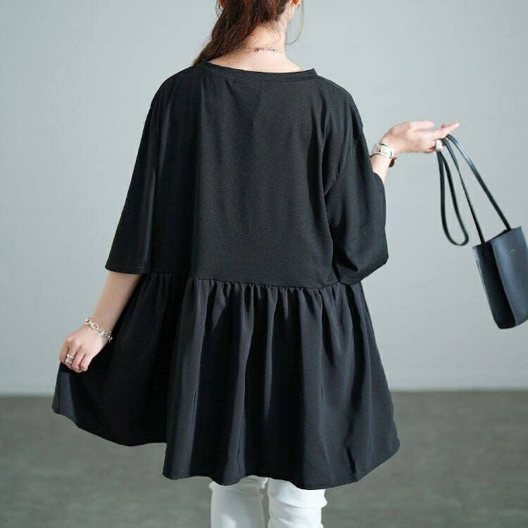 大きいサイズ レディース Vネック異素材切り替えペプラムチュニック　bai-0189