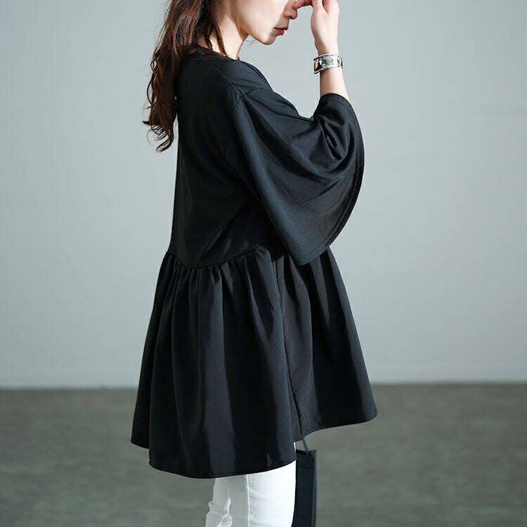大きいサイズ レディース Vネック異素材切り替えペプラムチュニック　bai-0189