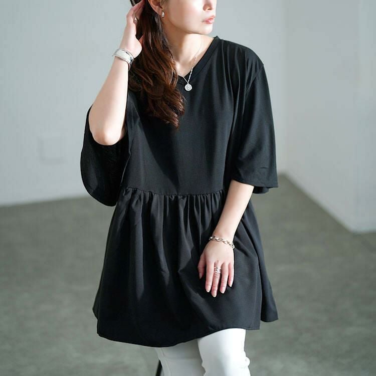 大きいサイズ レディース Vネック異素材切り替えペプラムチュニック　bai-0189 ブラック