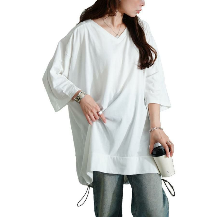 大きいサイズ レディース Vネックバックドロストチュニック　bai-0188 ホワイト