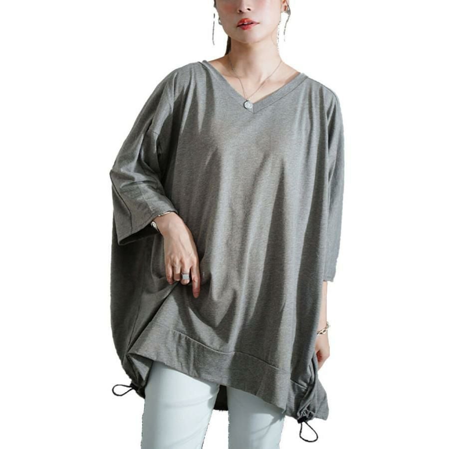 大きいサイズ レディース Vネックバックドロストチュニック　bai-0188 杢チャコール