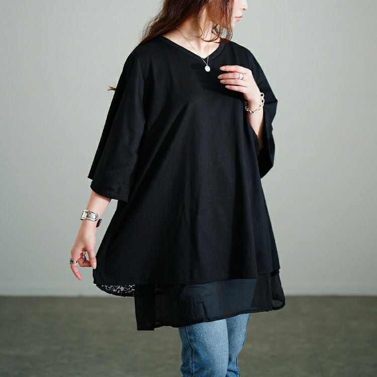 大きいサイズ レディース 異素材レイヤードバックシャンチュニック　bai-0187