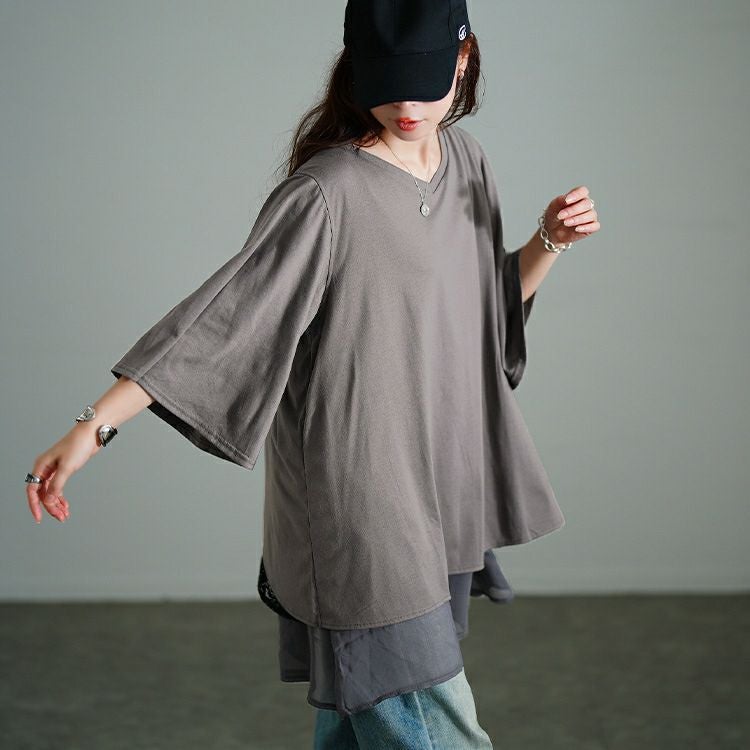 大きいサイズ レディース 異素材レイヤードバックシャンチュニック　bai-0187