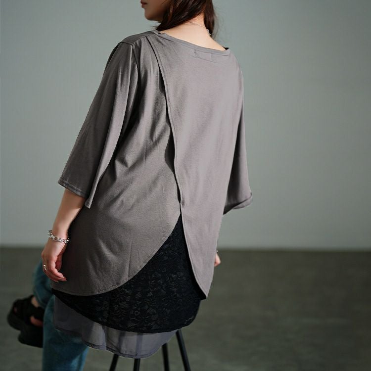 大きいサイズ レディース 異素材レイヤードバックシャンチュニック　bai-0187