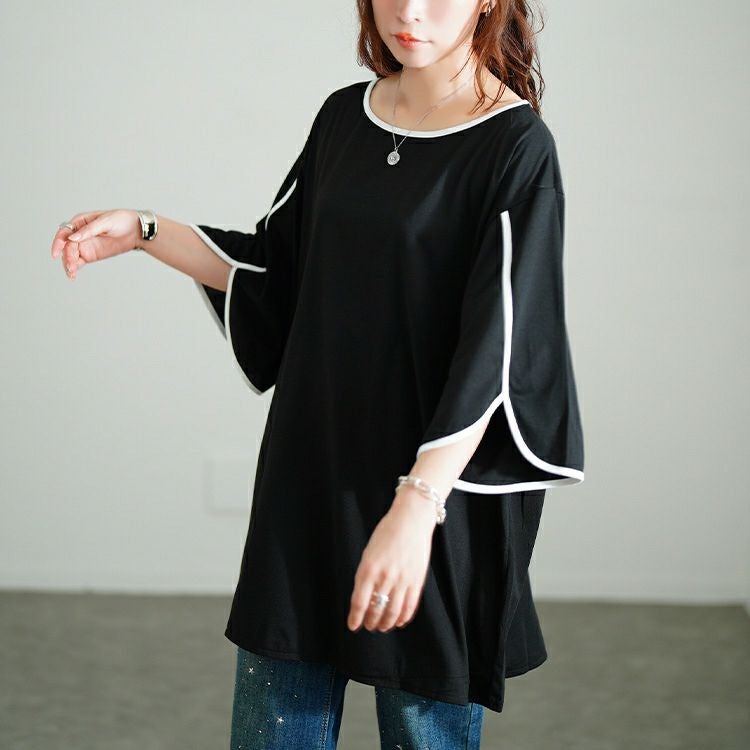 大きいサイズ レディース 配色パイピングスリットスリーブチュニック　bai-0186 【メール便可】