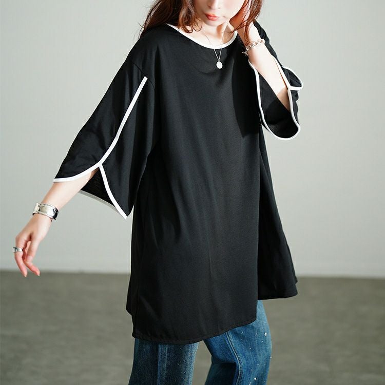 大きいサイズ レディース 配色パイピングスリットスリーブチュニック　bai-0186 【メール便可】