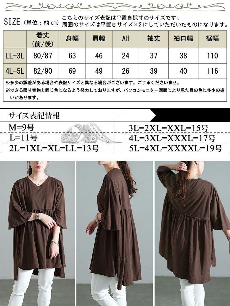 大きいサイズ レディース Vネックフレアスリーブペプラムチュニック　bai-0185
